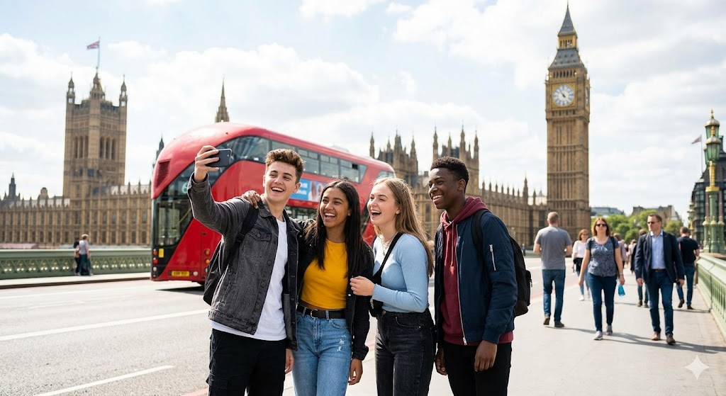 A group of four smiling teenagers takes a selfie on Westminster Bridge in London. In the background, a classic red double-decker bus passes by, with the historic Palace of Westminster and the Big Ben clock tower rising against a bright, slightly cloudy sky.