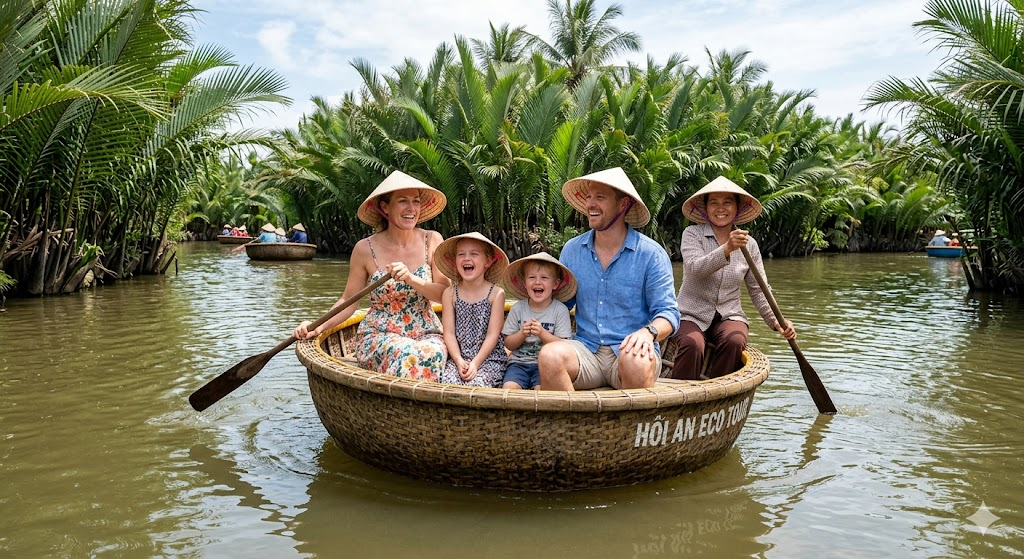 A bright, wide-angle shot of a family riding a traditional Vietnamese basket boat in a lush green coconut forest in Hoi An. The children are laughing and wearing traditional conical hats.