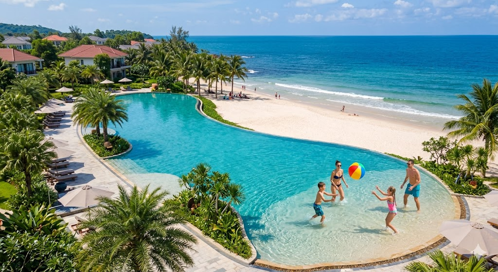 An aerial view of a luxury family resort in Phu Quoc with a large turquoise infinity pool, white sand beach, and palm trees. A family is playing with a colorful beach ball in the shallow end of the pool.