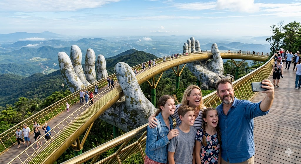 A stunning landscape photo of the Golden Bridge in Ba Na Hills, Da Nang, during a clear morning. A group of teenagers and their parents are taking a selfie on the bridge with the mountains in the background