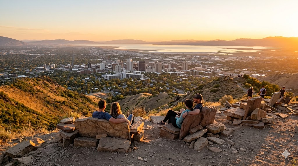 A wide-angle, high-resolution photo of a couple sitting on the "stone sofas" at the Living Room Trail in Salt Lake City during golden hour, with the city skyline and the Great Salt Lake shimmering in the distant background.