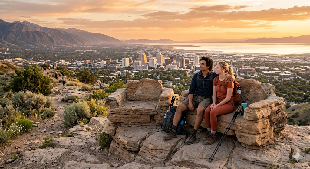 A wide-angle, high-resolution photo of a couple sitting on the "stone sofas" at the Living Room Trail in Salt Lake City during golden hour, with the city skyline and the Great Salt Lake shimmering in the distant background.