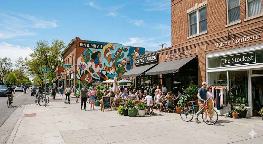 A vibrant street-level photo of the 9th and 9th neighborhood in Salt Lake City, showing trendy local boutiques, a colorful mural, and people enjoying outdoor seating at a local café under a clear blue Utah sky.
