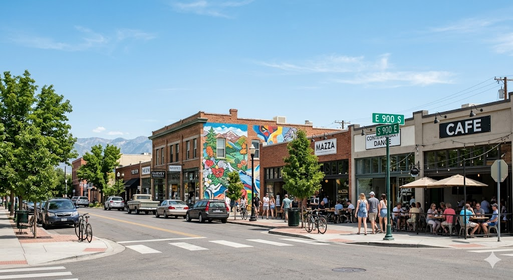 A vibrant street-level photo of the 9th and 9th neighborhood in Salt Lake City, showing trendy local boutiques, a colorful mural, and people enjoying outdoor seating at a local café under a clear blue Utah sky.