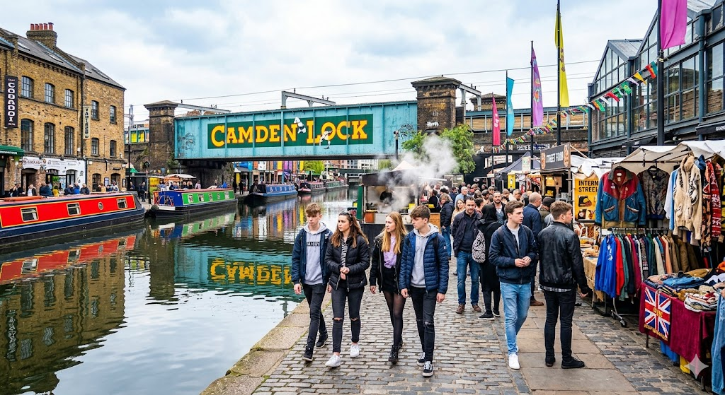 A vibrant daytime scene at Camden Lock in London. The iconic teal railway bridge with "Camden Lock" painted in yellow spans over Regent's Canal, where colorful narrowboats are docked. Pedestrians walk along the cobblestone path past market stalls filled with vintage clothing and street food.
