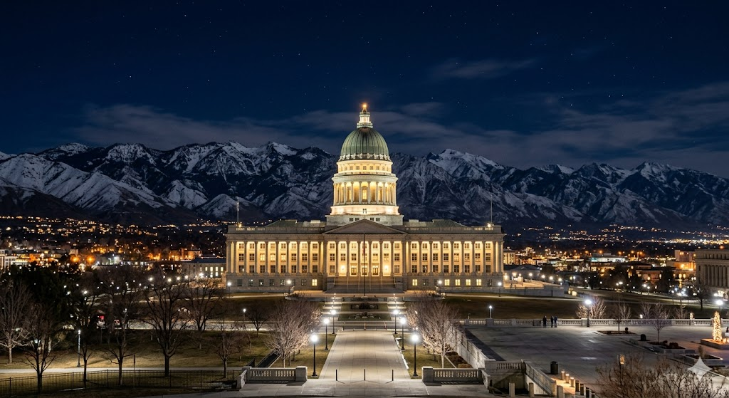 A professional travel photography shot of the Utah State Capitol building at night, illuminated against a deep navy sky, with the snow-capped Wasatch Mountains silhouetted in the background.