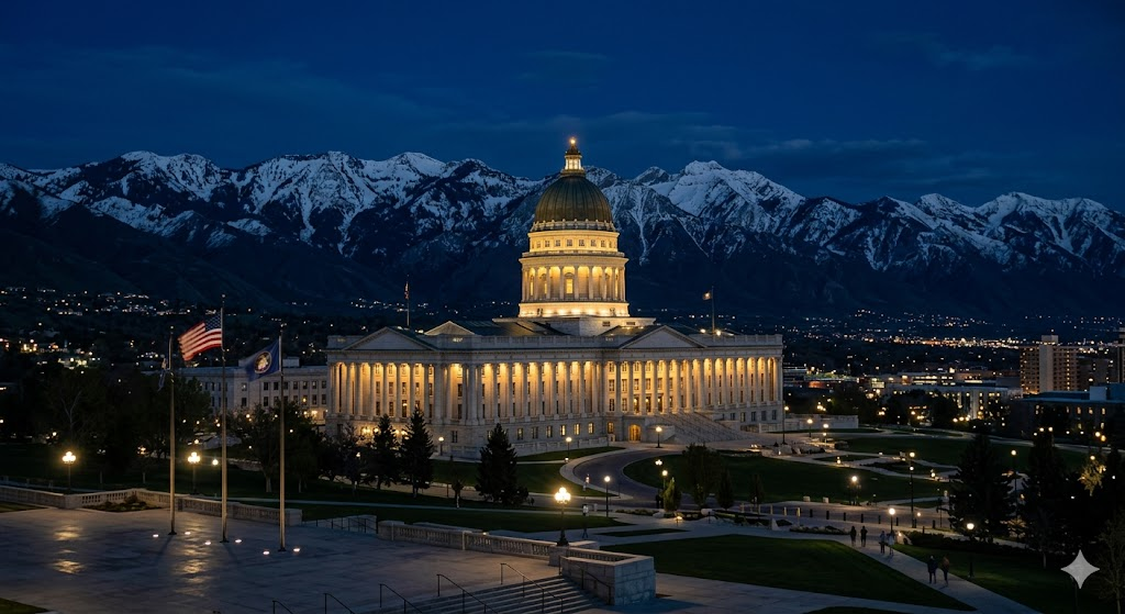 A professional travel photography shot of the Utah State Capitol building at night, illuminated against a deep navy sky, with the snow-capped Wasatch Mountains silhouetted in the background.