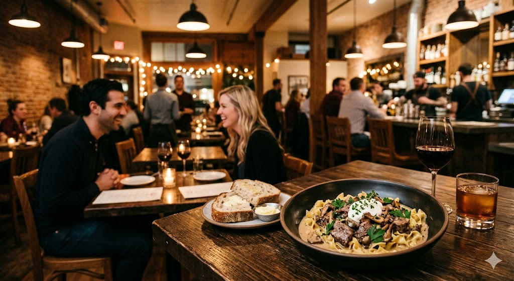 A cozy, inviting interior shot of a popular Salt Lake City "date night" restaurant like The Copper Onion, featuring rustic wood tables, ambient lighting, and a beautifully plated New American dish.