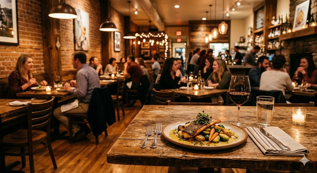 A cozy, inviting interior shot of a popular Salt Lake City "date night" restaurant like The Copper Onion, featuring rustic wood tables, ambient lighting, and a beautifully plated New American dish.