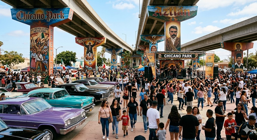 A wide-angle, vibrant outdoor shot of Chicano Park in San Diego during a festival, featuring colorful murals on massive concrete bridge pillars, shiny vintage lowrider cars lined up, and a crowd of diverse people enjoying live music under a clear blue sky.