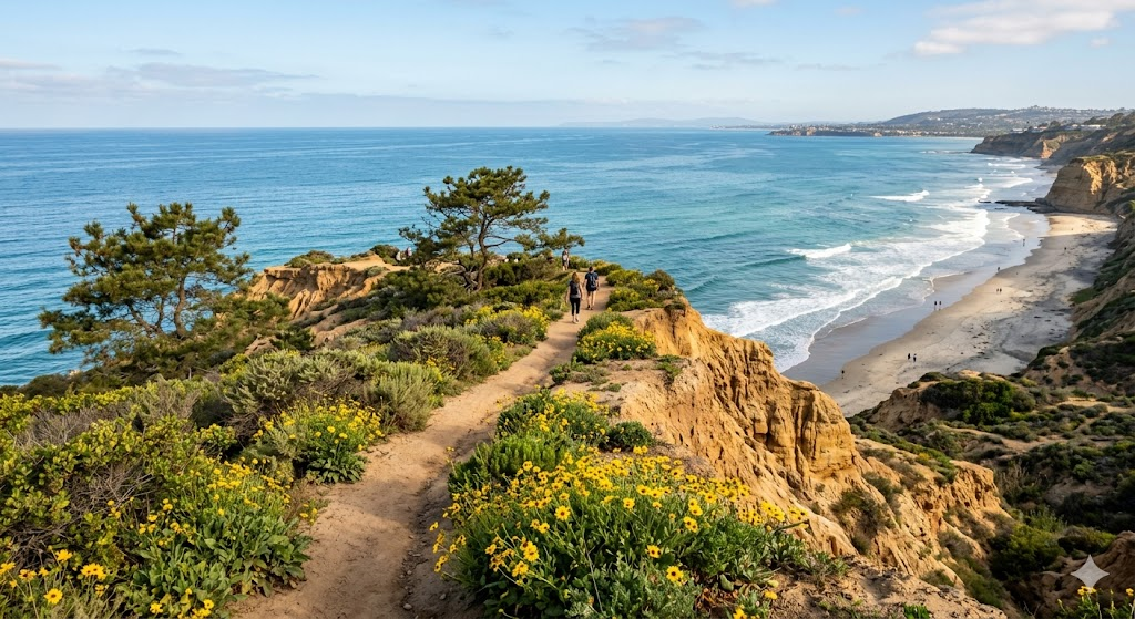 A breathtaking view of the Pacific Ocean from the sandstone cliffs of Torrey Pines State Natural Reserve, with a narrow dirt hiking trail winding through rare pine trees and yellow wildflowers under a soft morning sun.