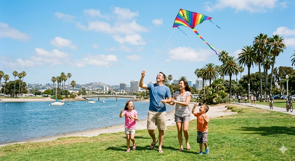 A family of four flying a colorful kite at Mission Bay Park, San Diego, with the calm blue water of the bay and palm trees in the background, capturing a moment of pure joy and sunshine.