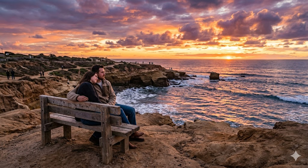 A romantic couple sitting on a wooden bench at Sunset Cliffs Natural Park, watching the sun dip below the horizon of the Pacific Ocean, with dramatic orange and purple clouds reflecting in the water.
