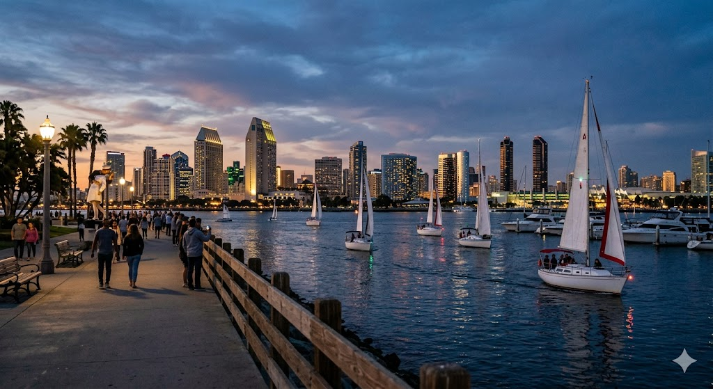 A cinematic shot of the San Diego skyline from the Embarcadero at dusk, with the lights of the city reflecting in the bay and a few sailboats gliding past in the foreground.