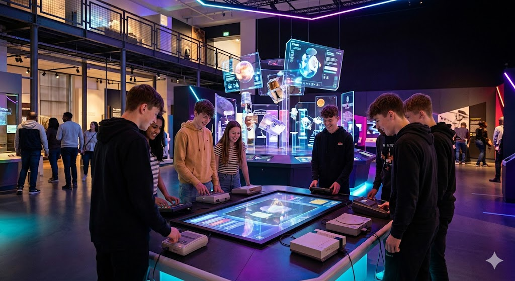 A group of young people stands around a large, glowing interactive touch-table inside a modern museum gallery. The exhibit features retro gaming consoles like the NES and PlayStation connected to digital displays. In the background, futuristic holographic-style screens show planetary and space-themed data.