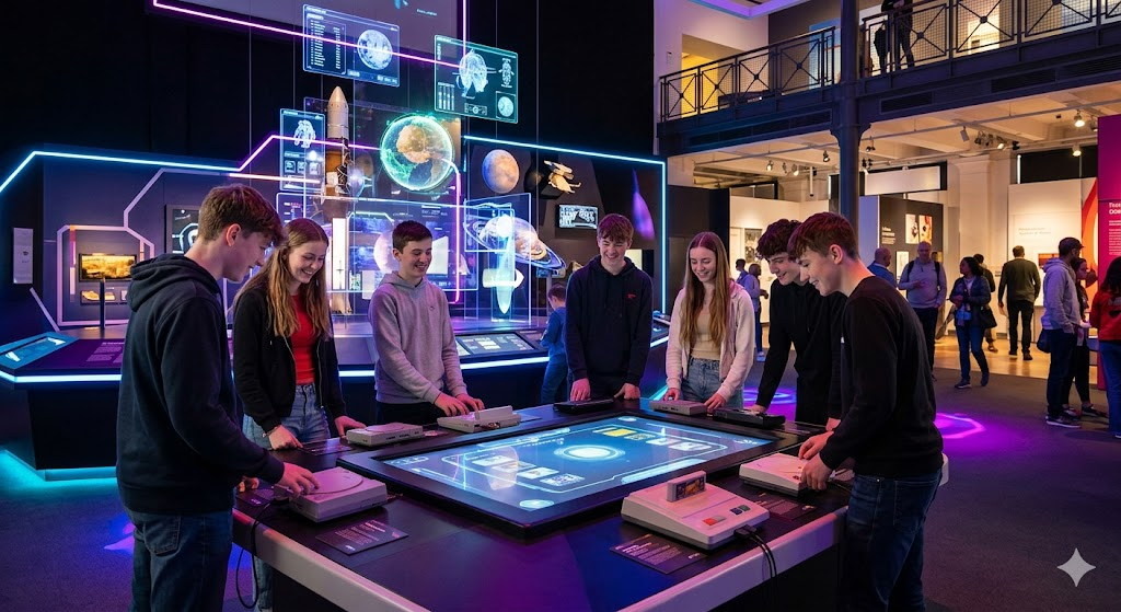 Teenagers engage with a high-tech interactive station in a dimly lit museum hall. The display features vibrant neon blue and purple lighting, with a large digital screen on the table and floating transparent panels in the background displaying scientific diagrams of Earth and space technology.