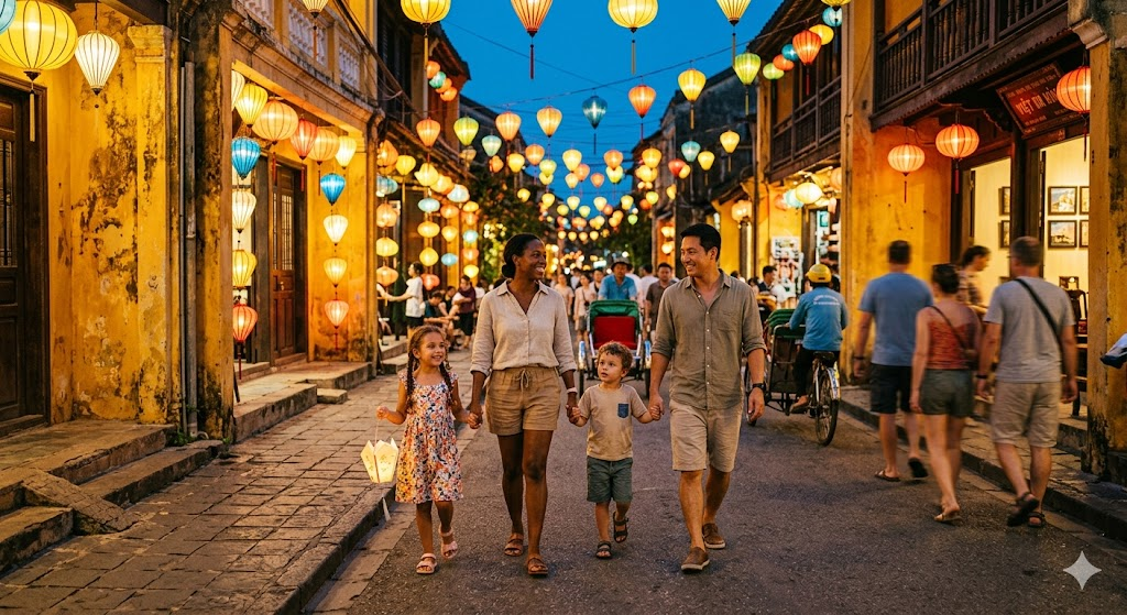 A high-quality, realistic photo of a diverse family with two young children walking through the lantern-lit streets of Hoi An at dusk. The warm yellow glow of lanterns reflects on the ancient yellow walls