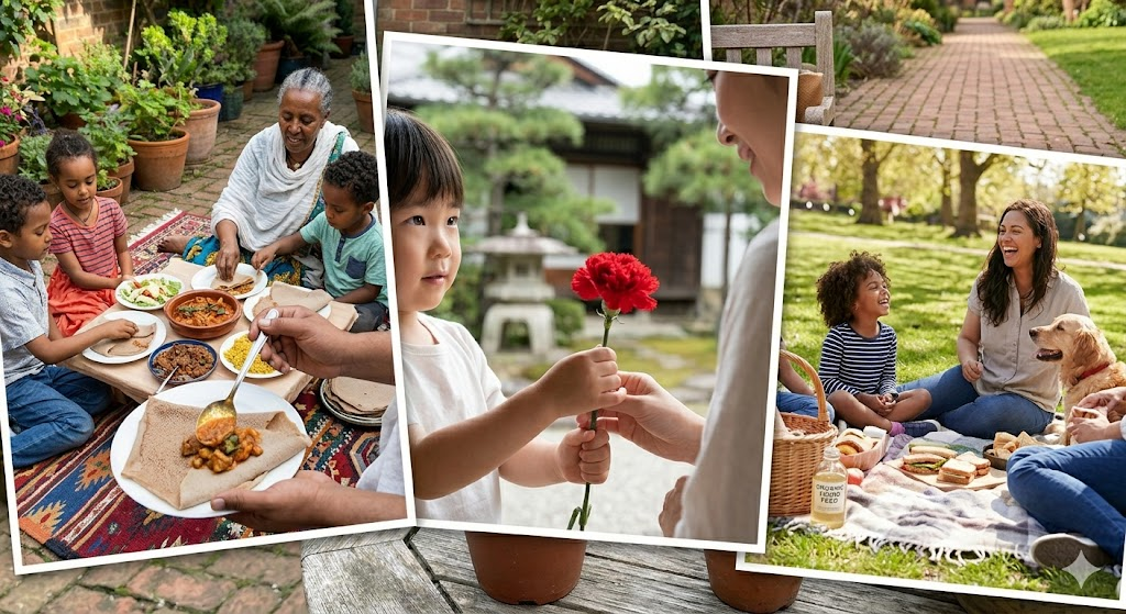 A vibrant, diverse collage showing different Mother's Day celebrations: a family in Ethiopia sharing a traditional meal, a child in Japan handing a red carnation to their mother, and a sunny picnic in a European park.