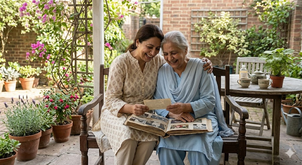 A candid, heartwarming photo of an adult daughter and her elderly mother laughing together while looking at an old photo album on a sunlit porch. The lighting is soft and natural, emphasizing the emotional connection.