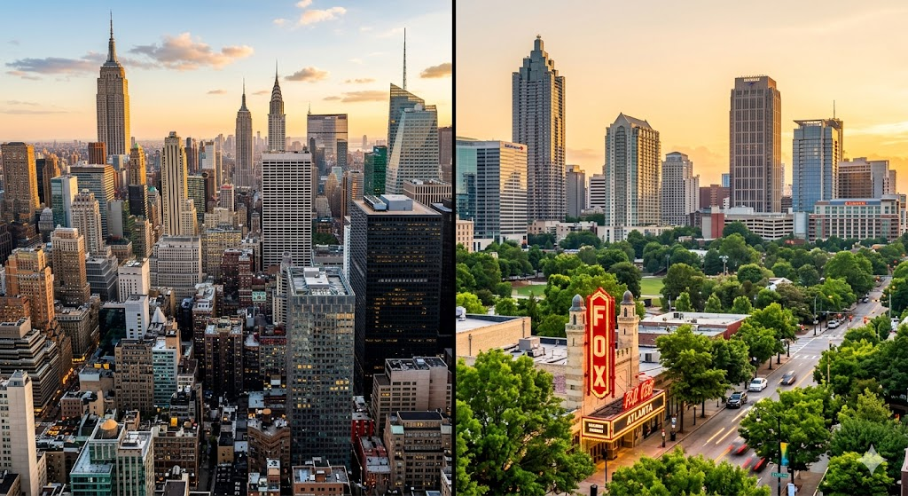 A realistic, high-resolution photograph capturing the contrast between the dense, towering skyscrapers of Midtown Manhattan during golden hour and the lush, green tree-filled skyline of Midtown Atlanta with the historic Fox Theatre sign in the foreground.