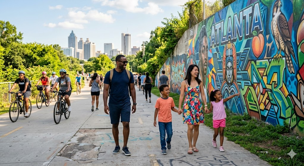  A warm, authentic lifestyle shot of a diverse family exploring the vibrant, colorful street art along the Atlanta BeltLine on a sunny afternoon, with bikers and pedestrians in the background.