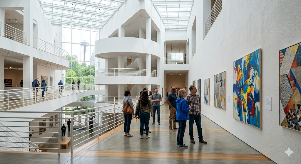A high-quality photo showing the interior of the modern High Museum of Art in Atlanta, featuring its distinctive white, sunlit architecture and a group of visitors admiring contemporary paintings