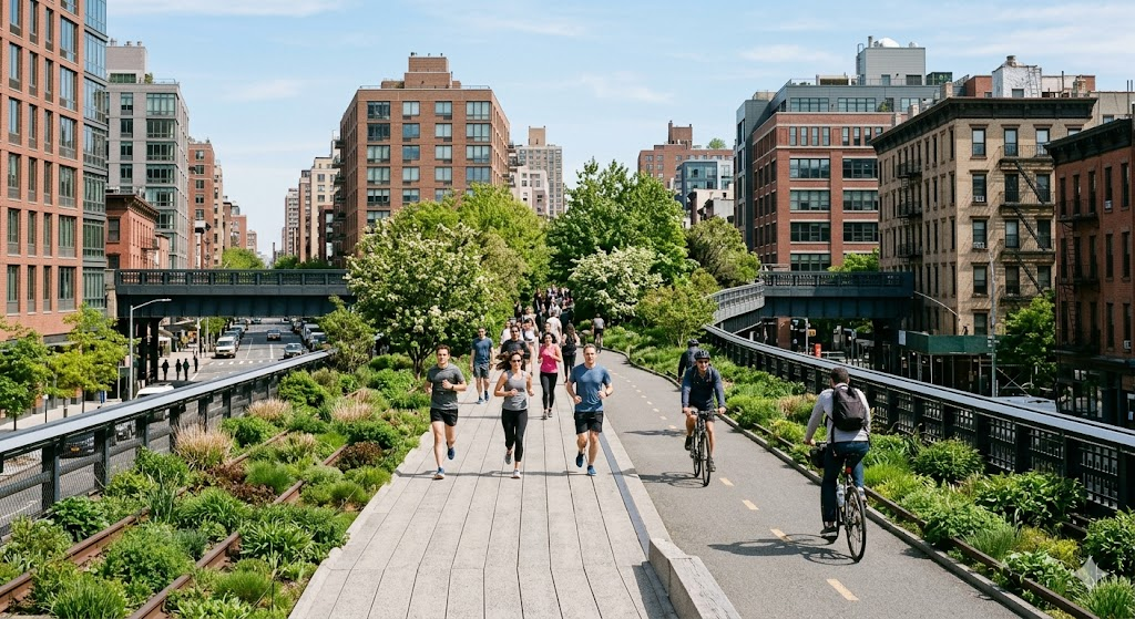 A wide, crisp photo of people running and cycling along the paved path of the High Line in New York City, surrounded by lush seasonal greenery and modern brick buildings.