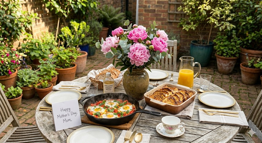  A brightly lit, rustic wooden dining table set for a Mother's Day brunch. There are plates of golden-brown French toast bake, a steaming pan of Shakshuka, a pitcher of fresh orange juice, and a vase of vibrant pink peonies in the center. The atmosphere is warm, sun-drenched, and inviting.